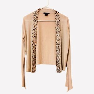 Gold Hawk Silk Cashmere Sequin Trim Open Front Cardigan M/L